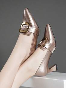 Women's Metallic Square Buckle Pointed Toe Thick Heels Pumps, Sexy And Fashionable For Work/Office - Champagne - View 3