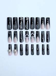 24Pcs Long Square Press On Nails Butterfly French False Nails Charms And Rhinestones Black Nails With 1 Piece Jelly Glue And 1 Piece File - Multicolor - View 4