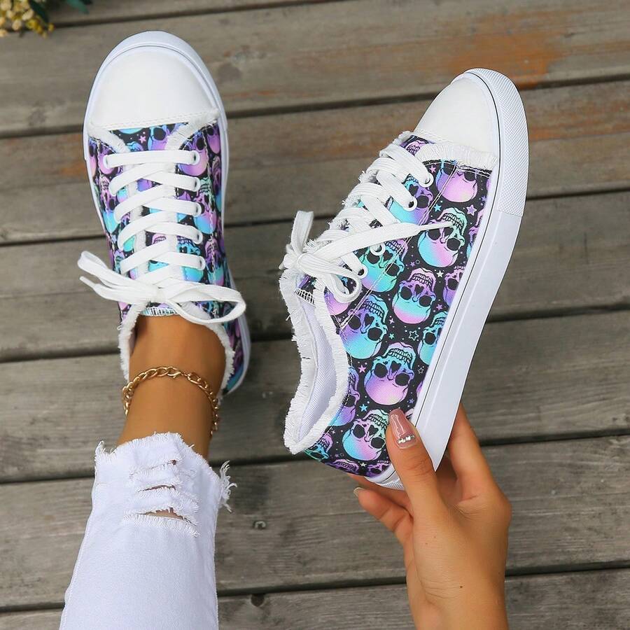 女性大尺碼休閒戶外平底帆布鞋,附綁帶,適用於聖誕節和萬聖節 - 彩色 - 查看 1