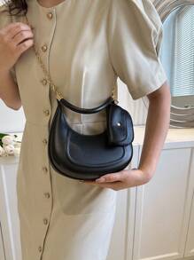 2pcs/Set Ladies' Solid Color Shoulder Bag With Coin Purse, Women Bag Sets With Purse Set , Women Bag With Dime Bag - Black - View 4