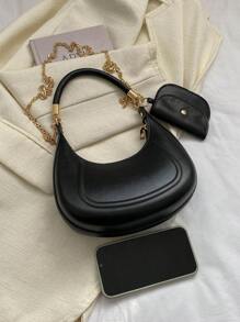 2pcs/Set Ladies' Solid Color Shoulder Bag With Coin Purse, Women Bag Sets With Purse Set , Women Bag With Dime Bag - Black - View 5