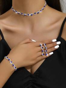 4 件組精緻藍色水鑽首飾套裝,包括冬季項鍊、耳環和手鍊,多功能頸鍊和項鍊作為禮服配件