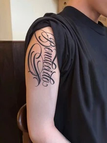1pc Calligraphy Flower-style English Letter Temporary Tattoo Sticker For Men's Arm, Waterproof & Non-reflective - Black - View 1