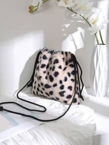 Vintage Leopard Print Autumn/winter Drawstring Shoulder Crossbody Bag, Versatile - Khaki - View 1