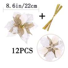 (12 件装) 闪光一品红圣诞树饰品，圣诞装饰花（白色），圣诞