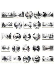 50 cái Ink Phong cảnh & Ngành kiến ​​​​trúc Mẫu Retro Hình dán - Nhiều màu - Xem 5