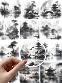 50 cái Ink Phong cảnh & Ngành kiến ​​​​trúc Mẫu Retro Hình dán - Nhiều màu - Xem 3