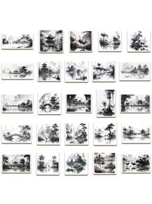 50 cái Ink Phong cảnh & Ngành kiến ​​​​trúc Mẫu Retro Hình dán - Nhiều màu - Xem 4
