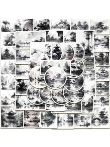 50 cái Ink Phong cảnh & Ngành kiến ​​​​trúc Mẫu Retro Hình dán - Nhiều màu - Xem 6