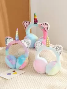 1 件儿童冬季耳罩，随机渐变色，温暖毛绒兔耳朵设计，可拉伸 - 粉色 - 查看 2