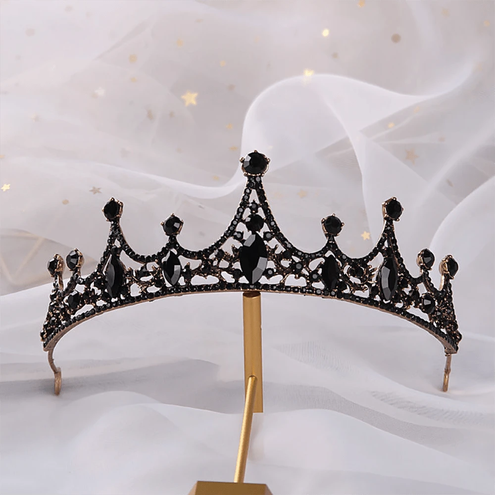 1個女孩頭帶皇冠裝扮頭飾生日新娘配件派對表演黑色鑽石皇冠街舞風格