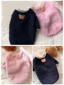 1pc Winter Thickened Flannel Pet Clothes, Cartoon Bear Embroidery Round Neck Sweater, Suitable For Small Dogs - Pink - View 3