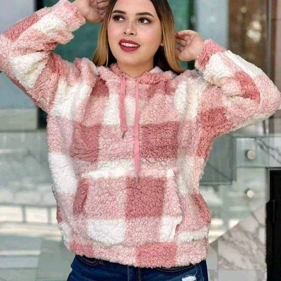 Comfortable And Fashionable Checked Teddy Sweatshirt - Pink - View 1