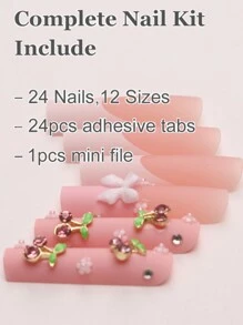 24入組Y2K風格3D櫻桃、粉色珍珠和小花裝飾棺材形壓克力美甲，附贈1支甲片和1支凝膠黏貼劑，美甲用品 - 彩色 - 查看 3
