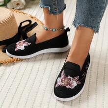 時尚刺繡設計女性休閒一腳蹬針織平底鞋帶軟底 - 黑色 - 查看 3