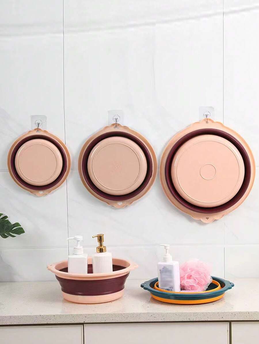 1pc Portable Foldable Basin, Multifunctional Collapsible Washbasin For Camping, Household Use - Pink folding basin - View 1