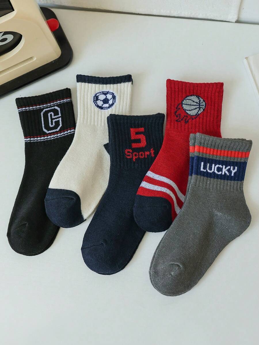 5 Pairs Boys'/Children's High Elastic Cartoon Letter Basketball & Football Stripe Mid-Calf Socks, Suitable For Daily Wear & Back To School Season - Multicolor - View 1