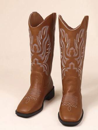 New Autumn/Winter Fashionable High-Top Western Knight Boots, Round Toe Chunky Heel Lightweight Slip-Resistant Durable Comfortable V-Cut Not Over The Knee Retro Embroidered Pattern Casual Outdoor Women's Western Boots