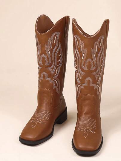 新款秋冬时尚高帮西部骑士靴，圆头粗跟轻便防滑耐用舒适 V 型开口不过膝复古刺绣图案休闲户外女式西部靴