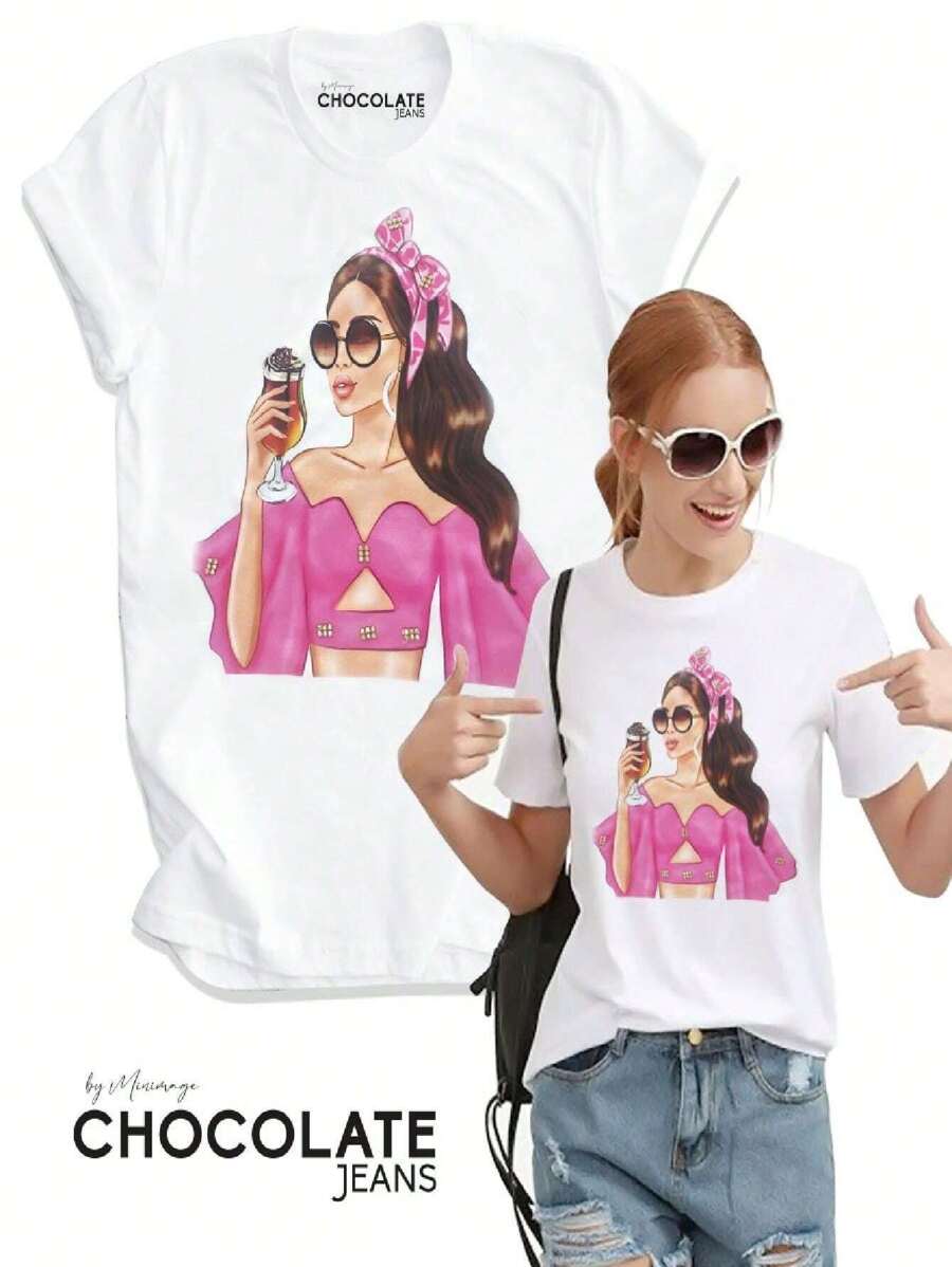Koko Beautiful Chocolate Jeans T-Shirt With Rhinestones One Size - Champagne - View 1