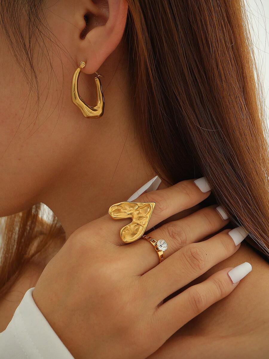 2pcs/set Fashionable Heart Shaped Rhinestone Ring With Gold Plating, Suitable For Women Daily Wear - Gold - View 1