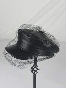 1pc  Fiddler Cap Newsboy Hat PU Leather Visor Beret Cap Paperboy Gatsby Hat - Black - View 3