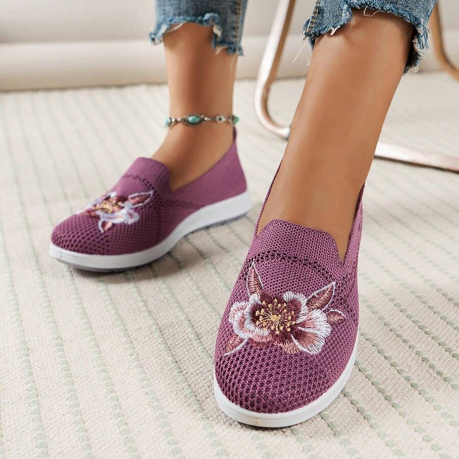 時尚平底刺繡女鞋,柔軟底部,編織便鞋 - 紫羅蘭色 - 查看 1