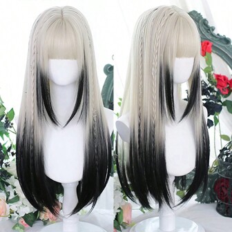 Synthetic wig head cover white gradient black long straight hair wig cosplay wig 26 inch gradient long straight hair