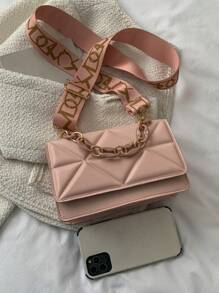 迷你链条装饰翻盖方形包 宽肩带斜挎包