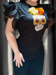 Blusa Playera Halloween Día Muertos Calavera Flores - Amarillo - Ver 3