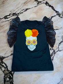 Blusa Playera Halloween Día Muertos Calavera Flores - Amarillo - Ver 2