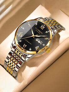 GUANQIN 冠琴男士金色黑色錶盤不銹鋼機械手錶帶水鑽鑲嵌索引和指針夜光日曆功能手錶適合日常裝飾 Gj16137 - 黑色 - 查看 4