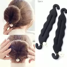 1pc Upgrade Version Of Sponge Double Hook Hair Stick With Pearl Decor Hair Disk Maker Hair Tie Ponytail Holder Hair Elastic Hair Rope - Black - View 1