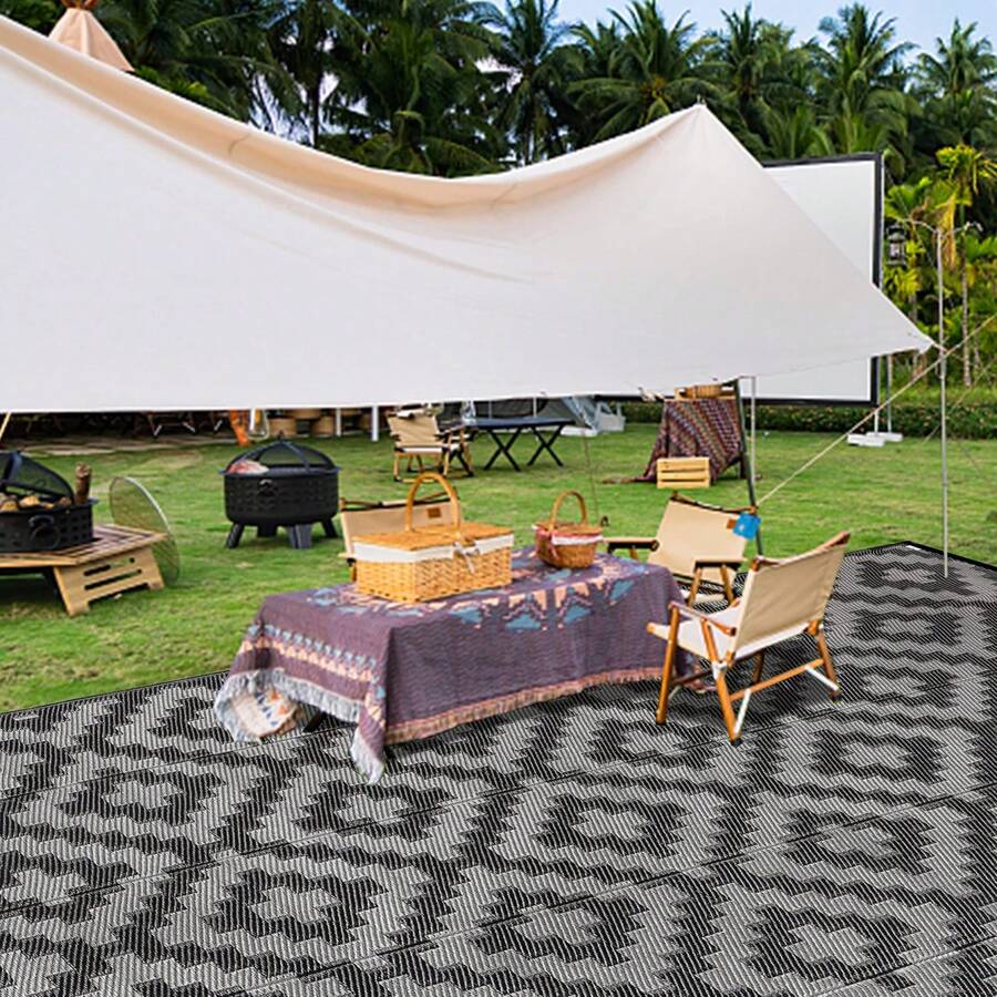 Outdoor Plastic Floor Mat For Garden, Waterproof Reversible Camping Mat For Rv, Porch, Deck, Camper, Balcony, Backyard Black & Grey - black, grey - View 1