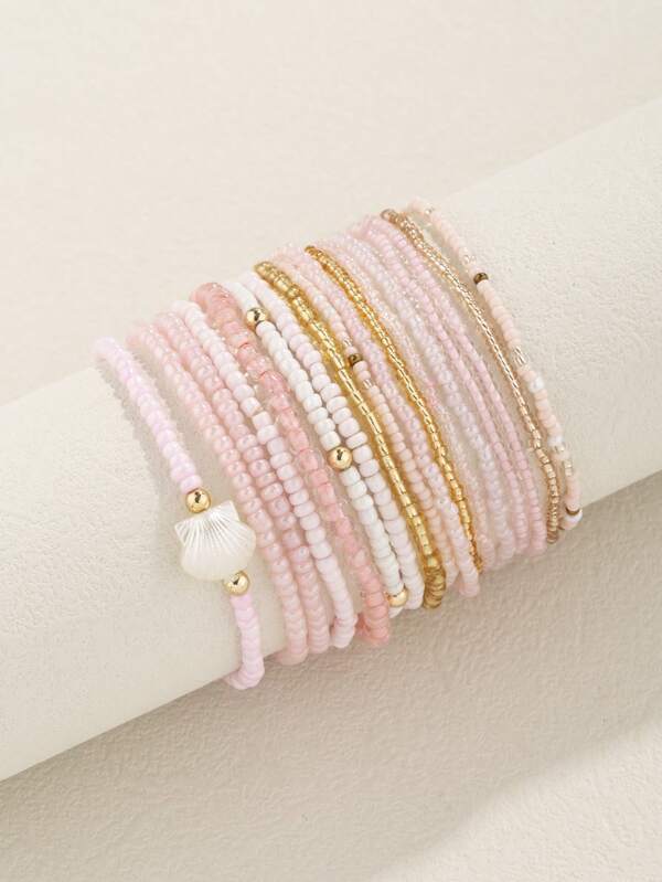 17pcs Bohemian Style Glass Beaded & Seed Beaded Pink Stack Bracelet For Women