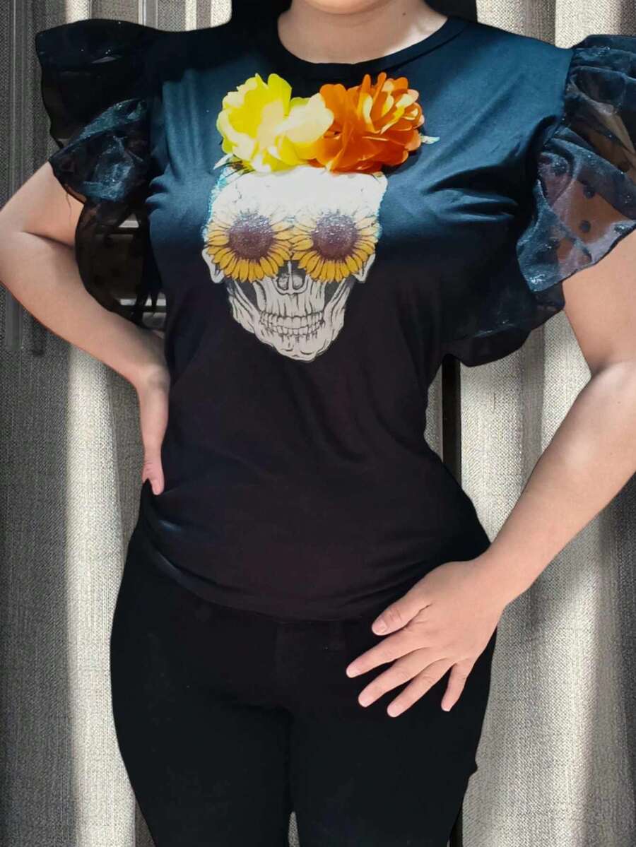 Blusa Playera Halloween Día Muertos Calavera Flores - Amarillo - Ver 1