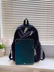 1 件装新款尼龙甜美柔软纯色大容量学生书包新款大学生简约纯色背包防水尼龙书包青少年女生书包旅行背包 - 黑色 - 查看 8