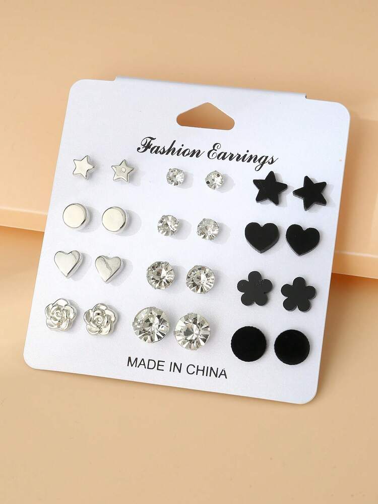 NAIZHU 12pairs Fashion Elegant Simple Rhinestone Geometric Heart & Flower Stud Earrings Hoop Earrings Set, Gift For Best Friends Valentines,Mom,Mother,Mother's Day,Gift