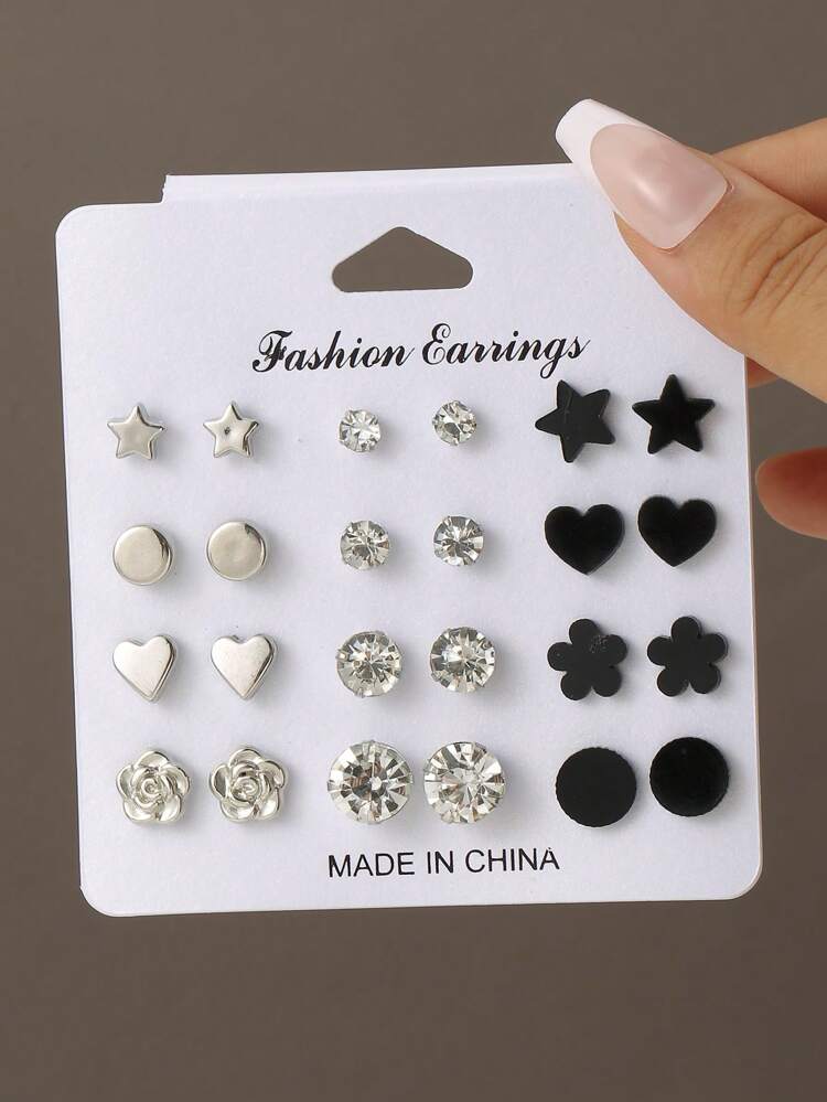 NAIZHU 12pairs Fashion Elegant Simple Rhinestone Geometric Heart & Flower Stud Earrings Hoop Earrings Set, Gift For Best Friends Valentines,Mom,Mother,Mother's Day,Gift