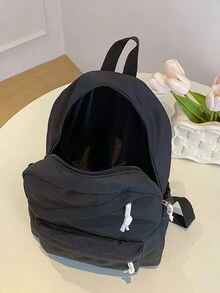 1 件装新款尼龙甜美柔软纯色大容量学生书包新款大学生简约纯色背包防水尼龙书包青少年女生书包旅行背包 - 黑色 - 查看 3