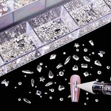 Nail Art Flat Back Rhinestone Set, 21 Compartments Storage Box With 2500pcs Round Rhinestones And 600pcs  Asymmetrical Shaped Rhinestones, Including Glue Pen, Suitable For DIY Nail Decoration - 白色 - 查看 5