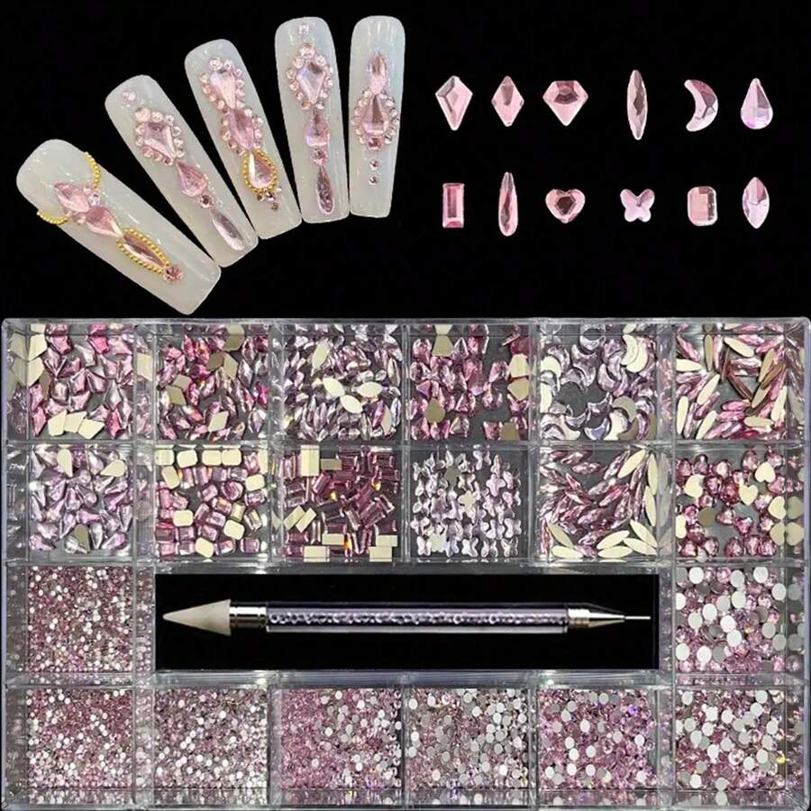 Nail Art Flat Back Rhinestone Kit - 2100pcs Round Rhinestones & 600pcs Flat Rhinestones With 1pc Rhinestone Picker Pencil And Storage Box - Perfect For Nail Art Diy Decoration - 淺粉色 - 查看 1