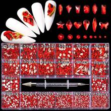 21 Grids Nail Art Flatback Rhinestones Set Including 2500pcs Round Shaped Rhinestones And 600pcs Flatback Asymmetrical Shaped Stones Plus Adhesive Pen - Suitable For Diy Nail Decoration - 紅色 - 查看 2