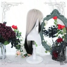 Synthetic wig head cover white gradient black long straight hair wig cosplay wig 26 inch gradient long straight hair