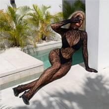 Leopard Print Sexy Lingerie Long Sleeve Bodysuit Fishnet Bodysuit For Rave - Black - View 1