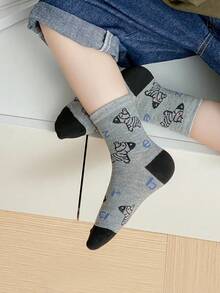 5pairs/pack Unisex Kids' Cartoon Black And White Little Zebra Print Mid-calf Socks, Suitable For All Seasons - Multicolor - View 5