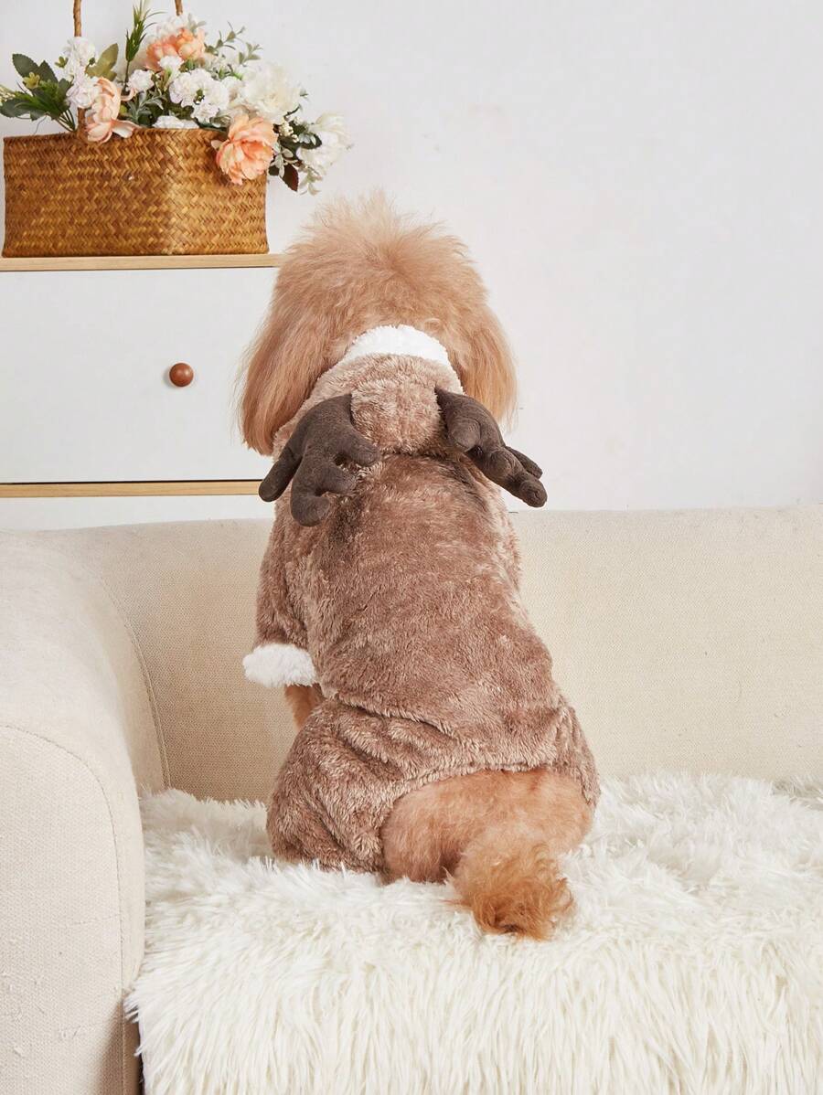 1pc Plush Pet Christmas Reindeer Costume, Suitable For Cats And Dogs Halloween Halloween Costumes - Brown - View 1