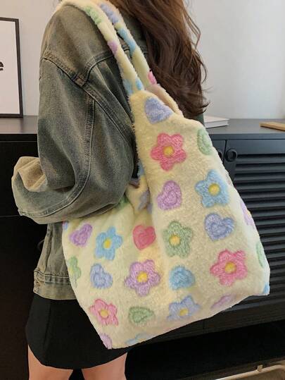 Fashion Plush Flower Pattern Shoulder Tote Bag, Exquisite Floral Bag For Women
