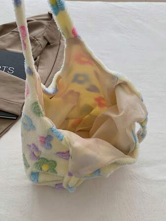 Fashion Plush Flower Pattern Shoulder Tote Bag, Exquisite Floral Bag For Women