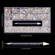 Nail Art Flatback Rhinestones Kit (21 Grids) With 2500pcs Round Rhinestones, 600pcs Flatback Asymmetric Shape Rhinestones, Rhinestone Picker Pen, For Diy Nail Art Decoration - 彩色 - 查看 3